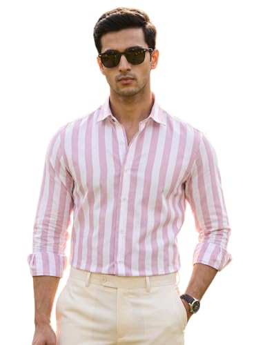 Image of IndoPrimo Men's Striped Cotton Shirt | Slim Fit Stylish Casual Shirt for Man | Full Sleeve Summer Wear Vertical Stripe Shirt for Office, Vacation