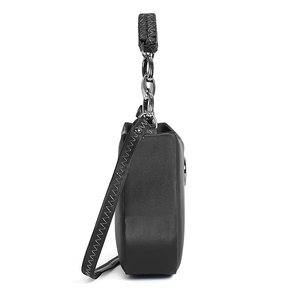 Image of Black Structured Handbag with Gold Chain Handle and Woven Crossbody Strap, Faux Leather