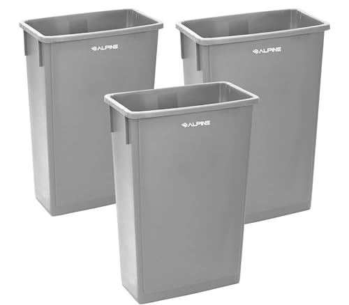 Alpine 23 Gallon Slim Trash Can - Open Top 3 Pack Slender Commercial Garbage Bin - Heavy Duty Plastic for Homes Offices and Other Commercial Space (Grey)
