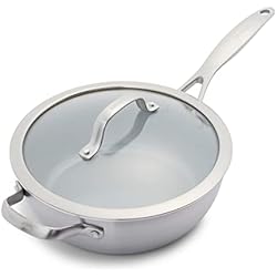 Sartenes New Chef Ceramica GreenPan Venice Pro Sartén Cerámica Antiadherente de 24cm/3.4 Litros con Asa y Tapa, Sin PFAS, Multicapa, Inducción, Apta para Lavavajillas, Apta para Horno, Plata