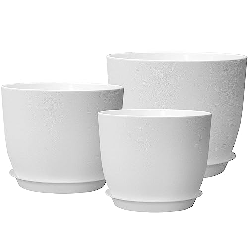 PROFIKLA 20cm, 18cm, 16cm Plastic Plant Pots, Plant Pots with Drainage Holes and Saucers, A Set of 3 Flower Pots