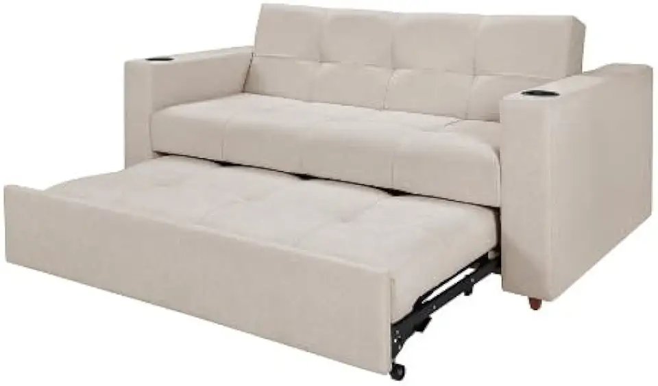 Sofá-Cama Austin Premium 3 Lugares Reclinável com Porta-Copos Casa Imperial (Pompéia Creme 203)
