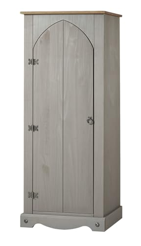 Home Source Vestry Storage Cupboard, Solid Pine 1 Door 3 Shelf Wooden Cabinet, Living Room Bedroom Sideboard, Grey