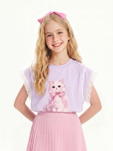 Image of Girls Ruffle Sleeves Shirt Cat Graphic Tee Cute Summer Short Sleeve Top for Teens 6-16Y