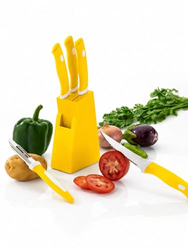 Image of 5-Piece Kitchen Knife Set with Stand, Stainless Steel Blades, Includes Peeler, 14x9x4 cm Block Multicolour (Yellow, 5pcs Knife Yellow)