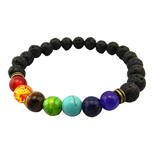 WENYU Bracelet Chance Unisexe Lave Naturelle Pierre volcanique Pierre Naturelle Perles en Bois élastique 7 Bilan énergétique de Chakra élastique Yoga Pierre précieuse, énergie de guérison Cover