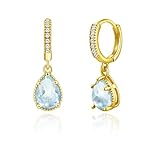Weviway Gold Aquamarine Drop Earrings, Teardrop Crystal Hoop Dangle, March Birthstone, Blue, Jewellery for Gifts
