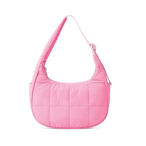 Image of Small Puffer Bag, Crescent Shoulder Bag for Women,Nylon Quilted Tote Handbags with Adjustable Strap (Rose rde)