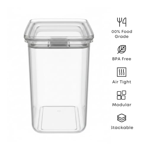 Image of All Time Modular Plastic Storage Container 1500ml | Food Grade Airtight Kitchen Storage Jar with Silicone Gasket Lid | Stackable Multipurpose Canister for Flour, Cereals & Pantry Storage - Transparent
