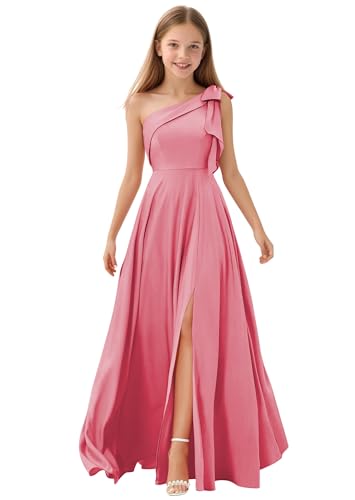 Topsta One Shoulder Junior Bridesmaid Dresses with Bow Satin Flower Girl Dress for Wedding Party Gowns3