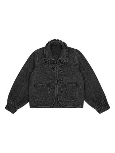 Image of Tankaneo Womens Quilted Denim Puffer Jackets Tie Front Bow Cropped Puffy Jackets Fall Cute Short Jeans Coat