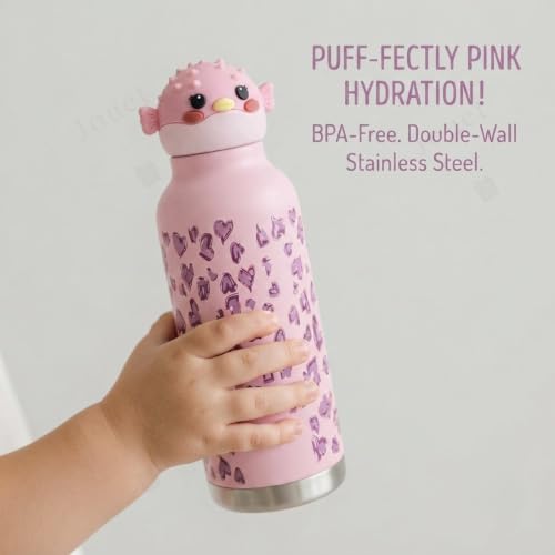 Image of JOUET Kids 600ml Pufferfish Water Bottle, Stainless Steel Reusable Drinking Bottle with Character Lid for School, Outdoor, Travel & Daily Use