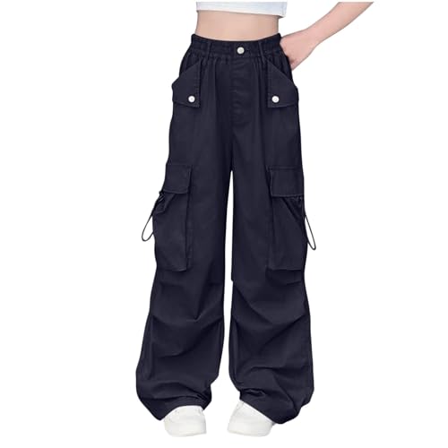 Girls Cargo Pants Fashion Button Elastic Waist Lightweight Outdoor Hiking Pants Casual Jogger Wide Leg Trousers Black