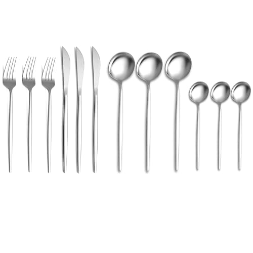 Image of aDai Sterling Silver Silverware Set | Satin Finish 12-Piece Stainless Steel Flatware Set | Dishwasher Safe Cutlery for Home, Restaurant & Gifting
