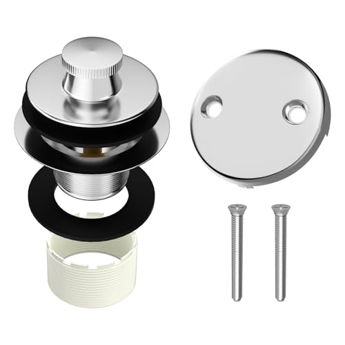 Fibetter Tub Drain Lift and Turn Trim Set with 2-Hole Overflow Cover, Bath Tub Drain Kit Bathtub Overflow Plate and Drains Stopper Replacement, Chrome