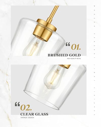 Image of 2-Pack Gold Pendant Lights Kitchen Island, 8 inch Clear Glass Shade | Modern Hanging Light Fixture for Dining Room, Adjustable Height, E26 Base, Brushed Gold, AD-22004-1P2L-GD