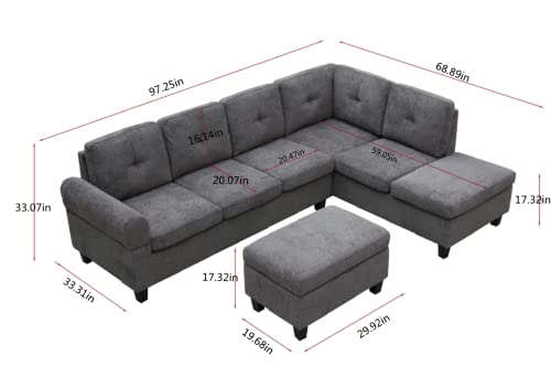 Emkk Modern Sectional Sofa Set Left Right Chaise Lounge & Storage Ottoman Upholstered Corner L Shaped Sofá Living Room Couch W/Cup Holder, Arm Nail For Home/Office, Grey Leftchaise #TOP1