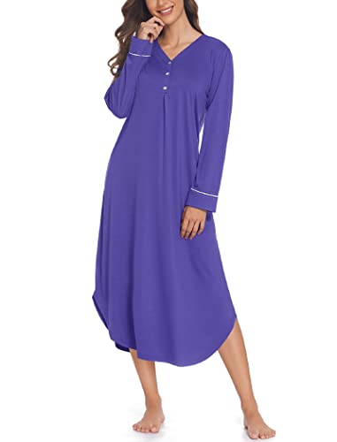 Ekouaer Sleepdress Womens Long Sleeve Nightgowns Cotton V-Neck Sleepshirt Plus Size Nightdress(Blue Purple,S) #TOP22