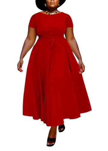 Image of Hostoyo Women Plus Size Formal A Line Maxi Dress Self Tie Waist with Pockets Elegant Round Neck Swing Long Dresses