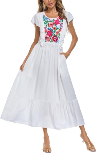 Image of Women's Summer Maxi Dress Casual Floral Embroidered Round Neck Short Sleeve Ruffle Tiered Dress Flowy Boho Beach Sundress