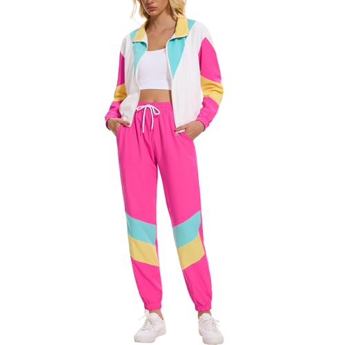 ZDT Women's Color Block 80s 90s Outfit 2 Piece Costume Zip Up Windbreaker Track Suits Set PinkWhite...