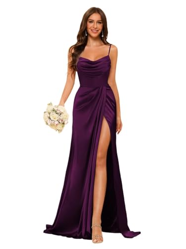 Women's Spaghetti Strap Satin Bridesmaid Dresses with Slit Cowl Neck 2025 Formal Dress Long DI213