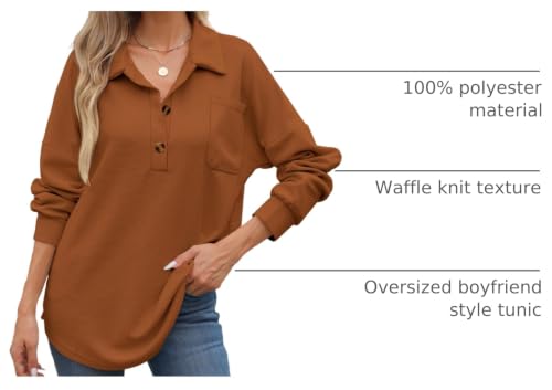 Image of ZAAYO Women Waffle Knit Tops Henley Shirts V Neck Long Sleeve Solid Color Casual Tunics Blouse