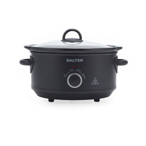 Salter Kuro 3.5L Slow Cooker – Electric Cooking Pot, 3 Heat Settings, Keep Warm Function, Dishwasher Safe Removable Ceramic Pot, Tempered Glass Lid, Cool-Touch Handles, 200W, Black, EK6249MBLK