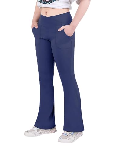 Glacspyg Ragazze Leggings con Tasche Pantaloni Svasati V Vita Leggings Svasati Pantaloni Sportivi Svasati Pantaloni Yoga Svasati Blu Navy XXS