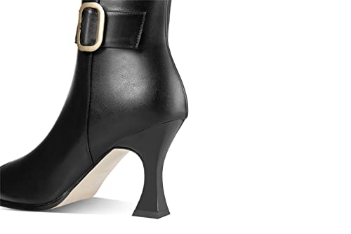 TinaCus Handmade Women's Genuine Leather High Heel Side Zip Up Belt Decor Pointed Toe Black Knee-High Boots3