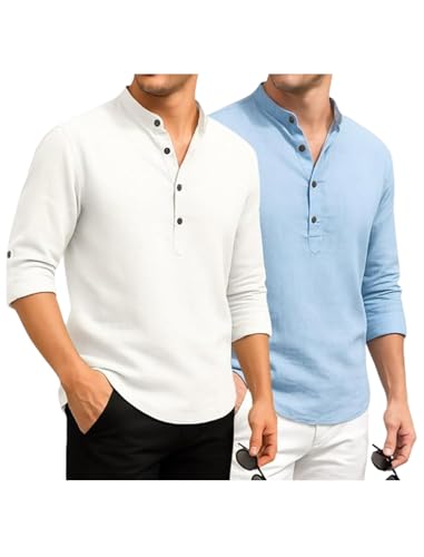 Image of DEEMOON Combo of Men's Cotton Blend Solid Regular Fit Full Sleeve Short Kurta | Men's Trendy Short Kurta Pack of 2 (Available in Plus Size & Combo Packs)