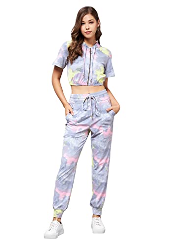 Image of Miss Chase Women's Multicolored-Base-Grey Round Short Polyester Tie & Dye Crop Regular Co-ord Set (MCSS22C01-01-175-01, Multicolored-Base-Grey, XXS)