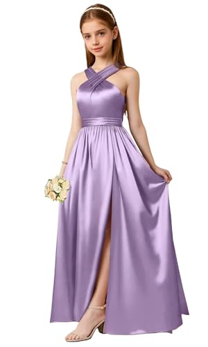 Satin Junior Bridesmaid Dresses for Teen Girls Halter Flower Girl Dress for Wedding Guest
