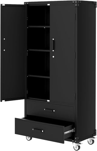 Werkzeugschrank,Metallschrank mit Rollen ,Mobile Werkbank Abschließbaren Türen und 2 Schubladen Robuster Rollwagen mit 3 Verstellbaren Einlegeböden Für Garage, Büro, Werkstatt Und Lager 40*80*183Cm