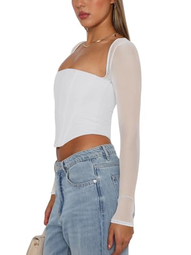 REORIA Women's Fall Fashion Mesh Long Sleeve Square Neck Boned Corset Tops Sexy Trendy Going Out Crop Tops Valentines Day Shirts (White Medium) - image 3