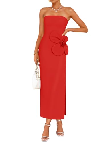 Image of ZESICA Womens Summer Cocktail Strapless Maxi Dress 2026 Formal Bodycon Backless Floral Tube Wedding Guest Party Long Dresses