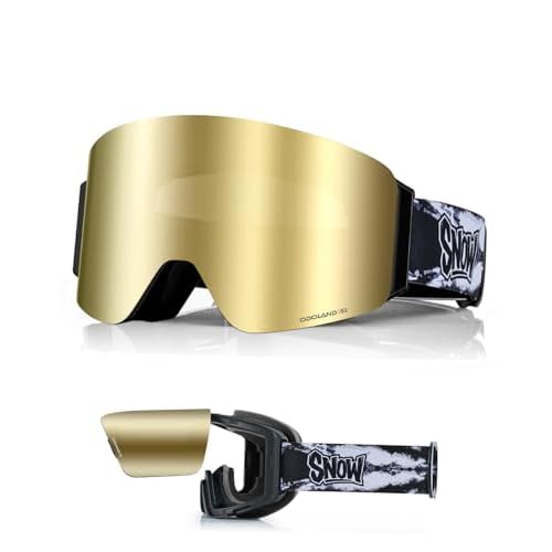 Odoland Flip Up Ski Goggles for Men Women, Flip Up Snow Snowboard Goggles Reflective Lens for Instant Defogging Black Frame Dark Golden Lens