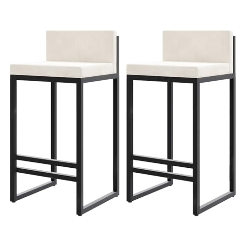Juego de 2 taburetes de bar tapizados de terciopelo blanco de 55 cm con respaldo bajo y reposapiés, sillas altas modernas de mediados de siglo para cocina, isla de comedor y pub en casa