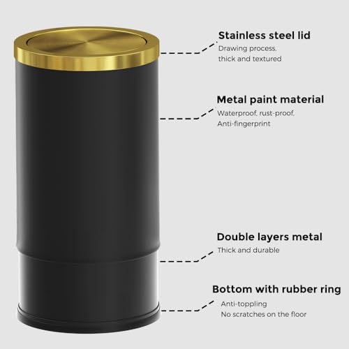 Image of Brushed Brass Garbage can,Bathroom Trash can with lid,Modern Small Trash Can with Flipping Lid, 9 L,Garbage cans for Bathroom, Kitchen,Bedroom, Metallic Gold (Black(Double))