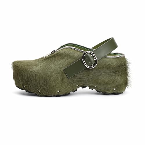Image of XOBZJH Women's Natural Cow Print Fur Platform Clogs with Decorative Zipper & Adjustable Buckle Strap - Western Slip-On Punk Rivet Mules with Arch Support, Chunky Retro Rustic Style