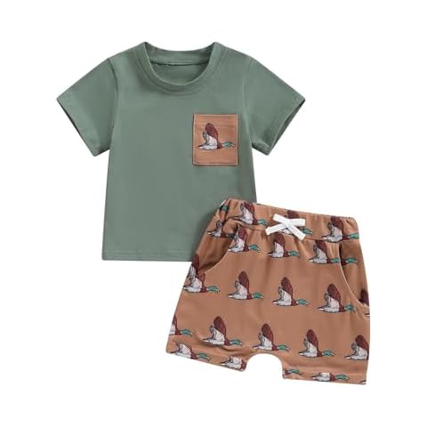 Mokoggiri Toddler Baby Boys Duck Shorts Sets Mallard Duck Print Short Sleeve T Shirts and Shorts Suit 2 Pcs Summer Outfits (Brown, 2-3 T) Cover