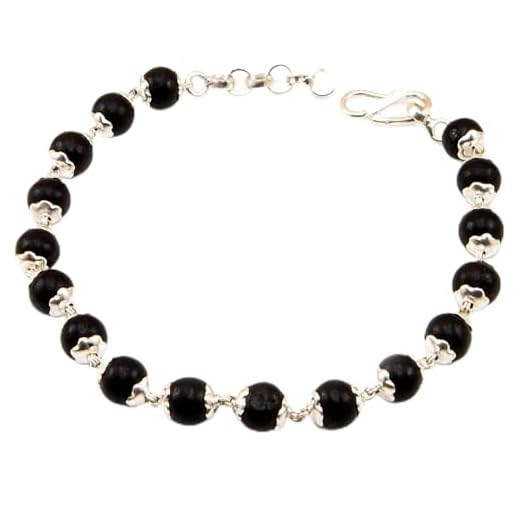 Njels 925 Silver Karungali Bracelet for Men and Women | Natural Karungali Beads 7.00 MM Size with Silver Capping | Ebony Wood Beads Bracelet in Silver | Including Length Extension Chain
