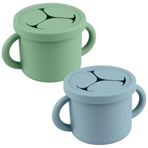 Image of Mintlyfe Snack Containers for Toddlers, Kids - 2 Pack Food Grade Silicone Snack Cups with Grip Handle (Ether/Tender Steam)