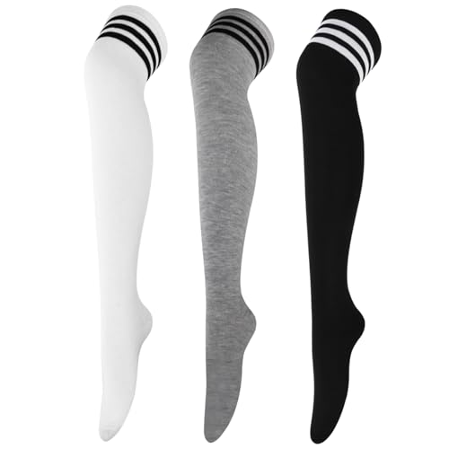 Image of DRESHOW 3 Pairs Thigh High Socks Striped Over Knee Thin Tights Long Stocking Knee High Leg Warmer