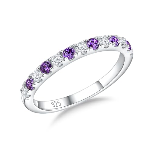 RANDES Amethyst Rings for Women 925 Sterling Silver Purple Stone Ring Half Eternity Band February Birthstone Ring Size Size 7