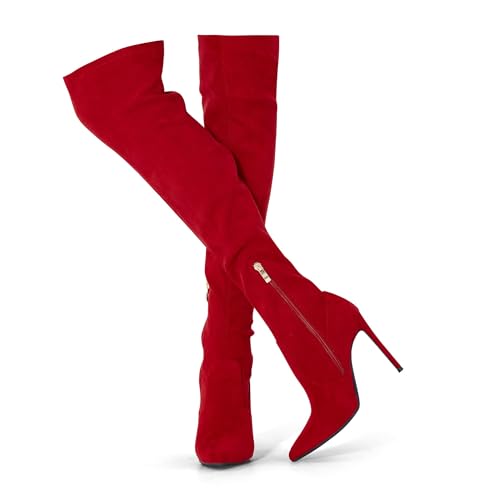 Image of GENSHUO Women's Over the Knee Boots Stiletto Pointed Toe Thigh High Heel | Stretchy Thigh High Long Boots with Side Zipper, Sexy Slim Fit Tall Heeled Boot for Club Party Evening Dress Wear