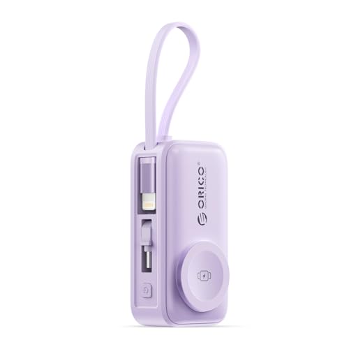 ORICO Mini Power Bank 5000mAh - 22.5W PD USB-C Quick Charge, Cable Lightning integrado y USB-C, carga inalámbrica para Apple Watch, accesorios de viaje para iPhone 17-12 (morado)
