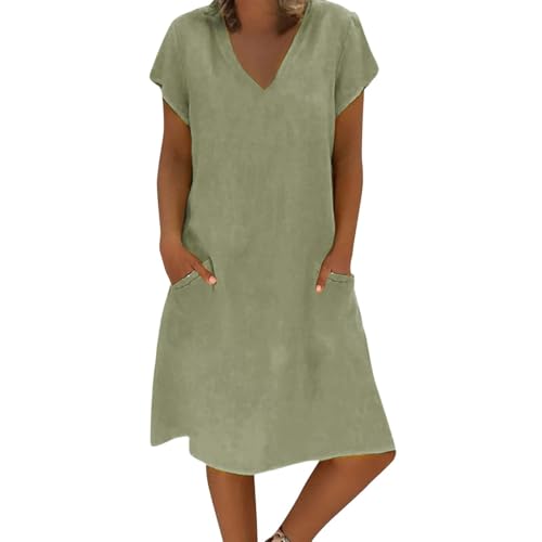 YEBIRAL Same Day Lieferung Produkte Musselin Kleid Damen Lässiges Kleid mit V-Ausschnitt und, einfarbig, Baumwolle und Linien, kurzärmelig Midikleid...