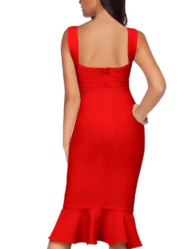 Image of Shoulder Strap Sleeveless Fishtail Midi Bandage Dress for Women Bodycon Club Party Evening Dresses