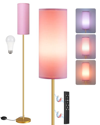 Image of Dimmable Pink Floor Lamp for Living Room with Remote and Foot Switch, Corner Floor Lamp, 64.4'' Standing Tall Lamp, 10W 900LM Bulb Included, 3000K-6500K, Linen Shade, Gold Pink, FCC Listed DP06LD05W1